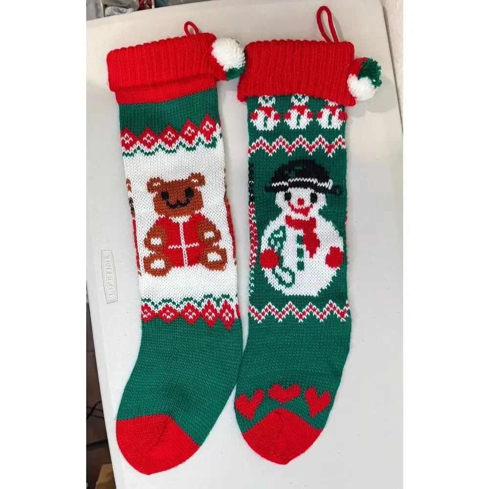 VTG Acrylic Knit Christmas Stockings Festive Snowman Teddy Bear Holiday Presents